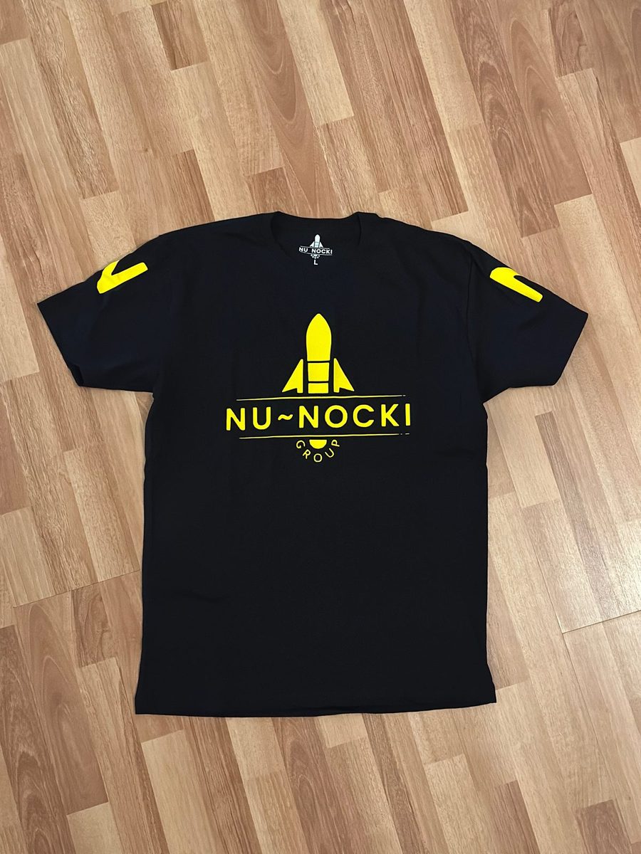 Black Nu Nocki Group tee with yellow rocket logo